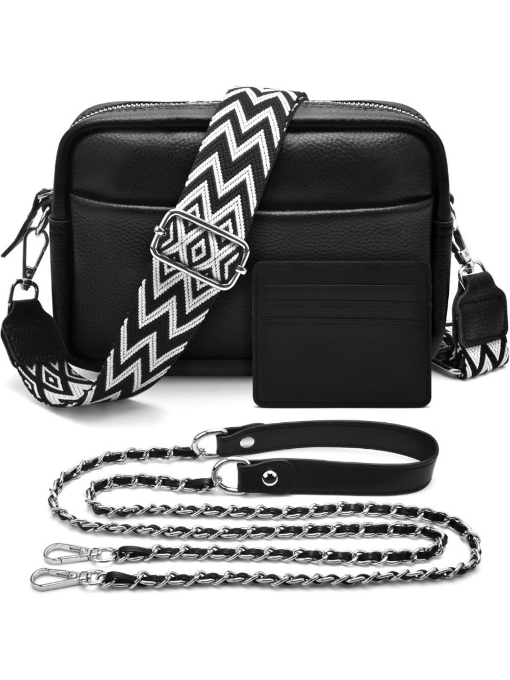 Genuine Cowhide Leather Crossbody Bag Black Small Shoulder Purse Wide Strap